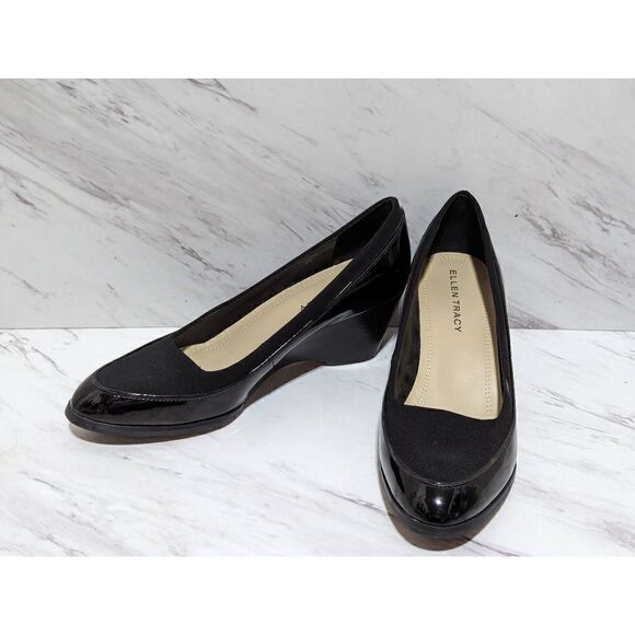 Ellen Tracy Women's Black Reagan Patent Leather Fabric 2.5" Wedge Heel Size 8M - Picture 1 of 9